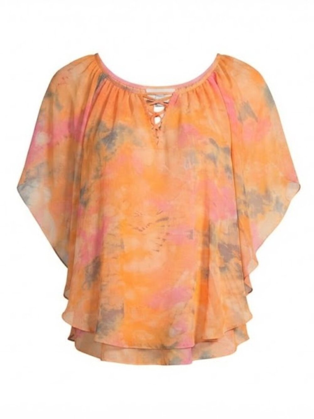 CATO Peach Tie-Dye Flowy Cape Overlay Blouse — Size XL